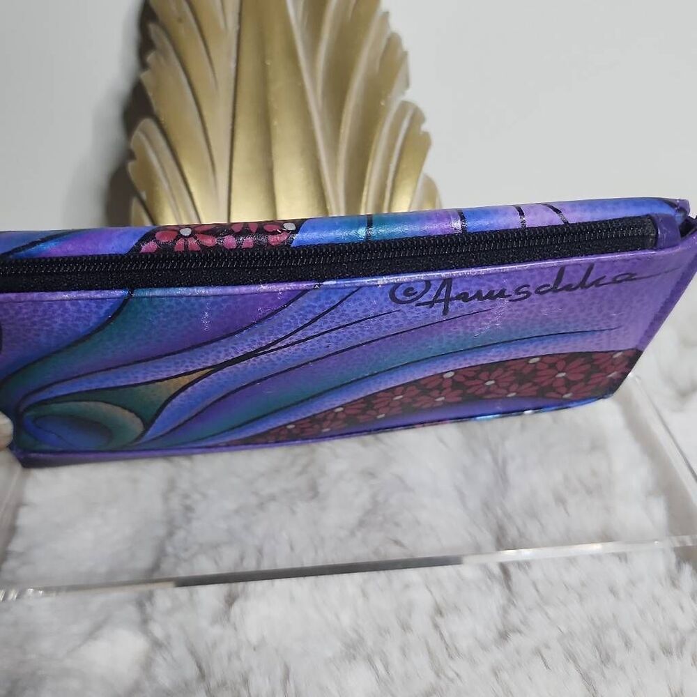 Anna by Anuschka Hand Painted Leather  Clutch Wallet "Dreamy Peacock Dewberry" - Picture 5 of 8